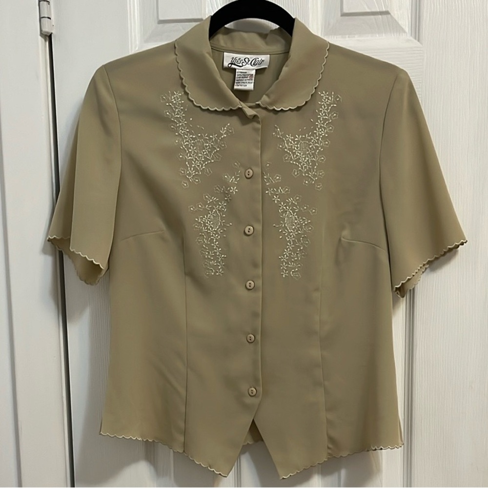 Yves St. Clair Beige Button-Up Blouse with Embroidery